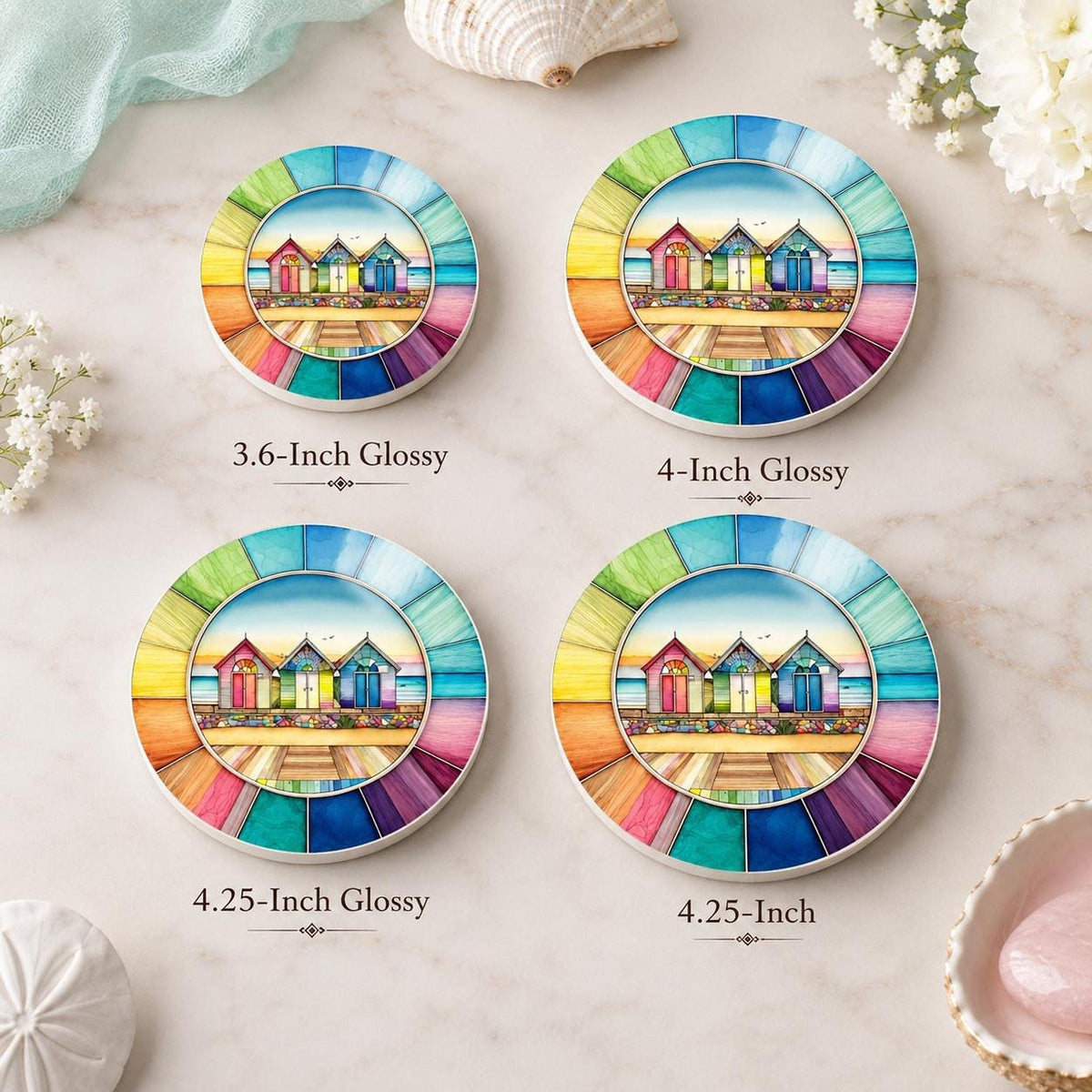 Beach Hut Coaster, Colorful Ceramic Drink Mat with Rainbow Border
