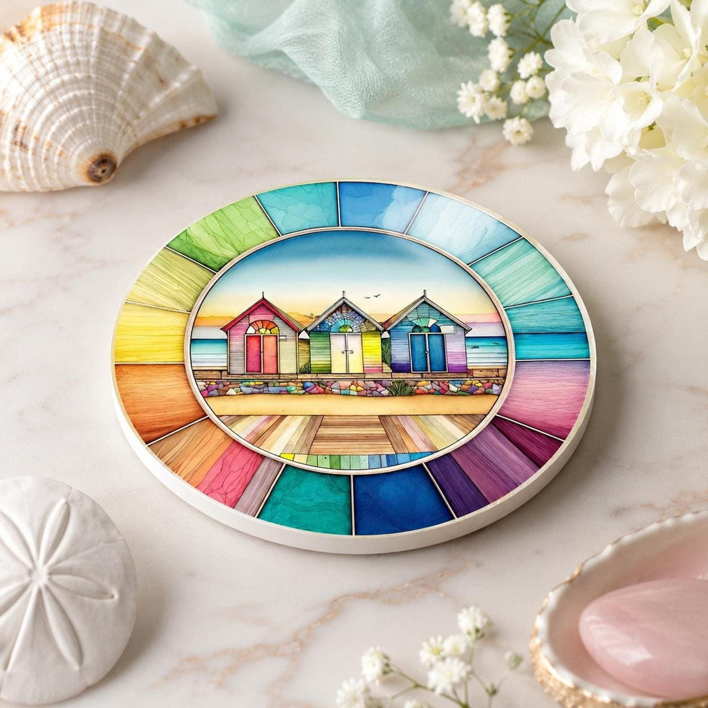 Beach Hut Coaster, Colorful Ceramic Drink Mat with Rainbow Border