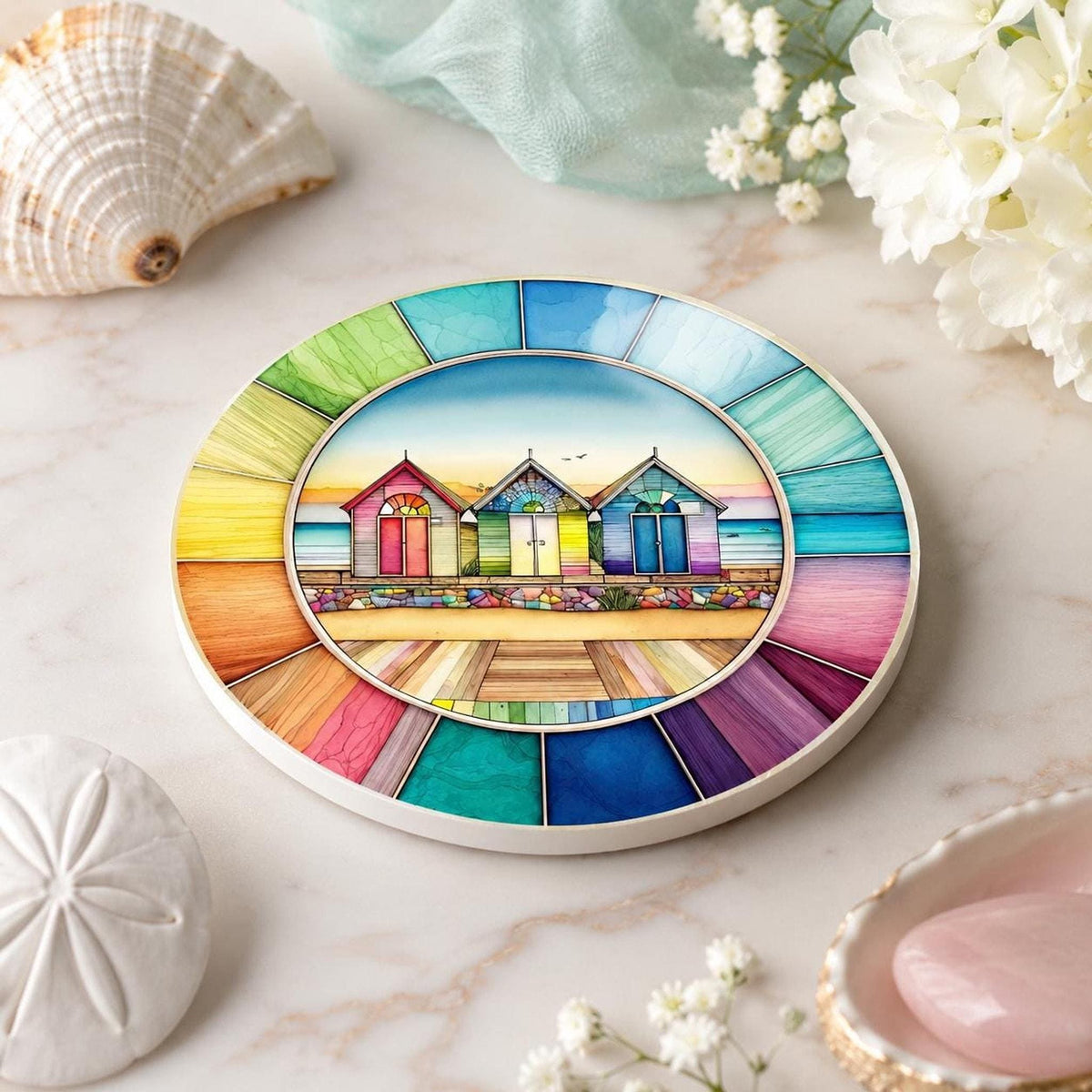 Beach Hut Coaster, Colorful Ceramic Drink Mat with Rainbow Border