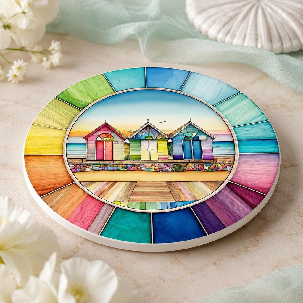 Beach Hut Coaster, Colorful Ceramic Drink Mat with Rainbow Border