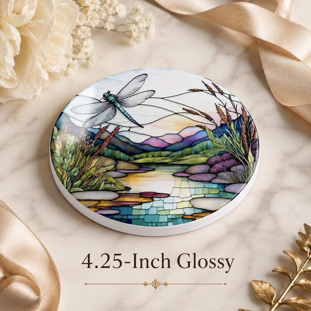 Dragonfly Coaster, Round Ceramic Botanical Lake Scene with Glossy or Matte Finish