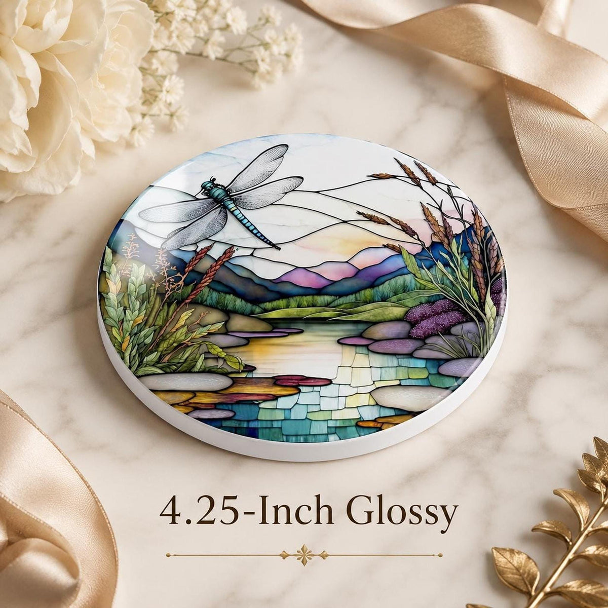Dragonfly Coaster, Round Ceramic Botanical Lake Scene with Glossy or Matte Finish
