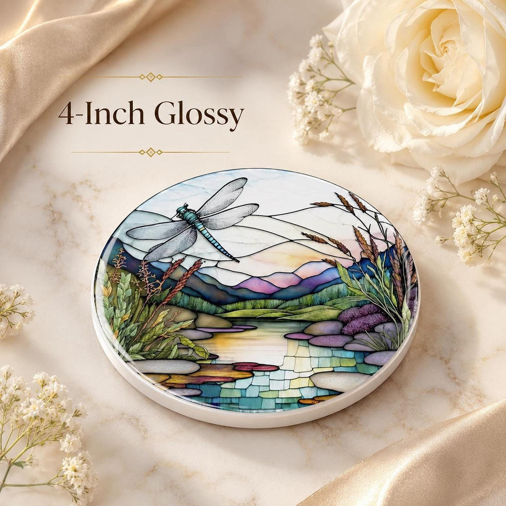 Dragonfly Coaster, Round Ceramic Botanical Lake Scene with Glossy or Matte Finish
