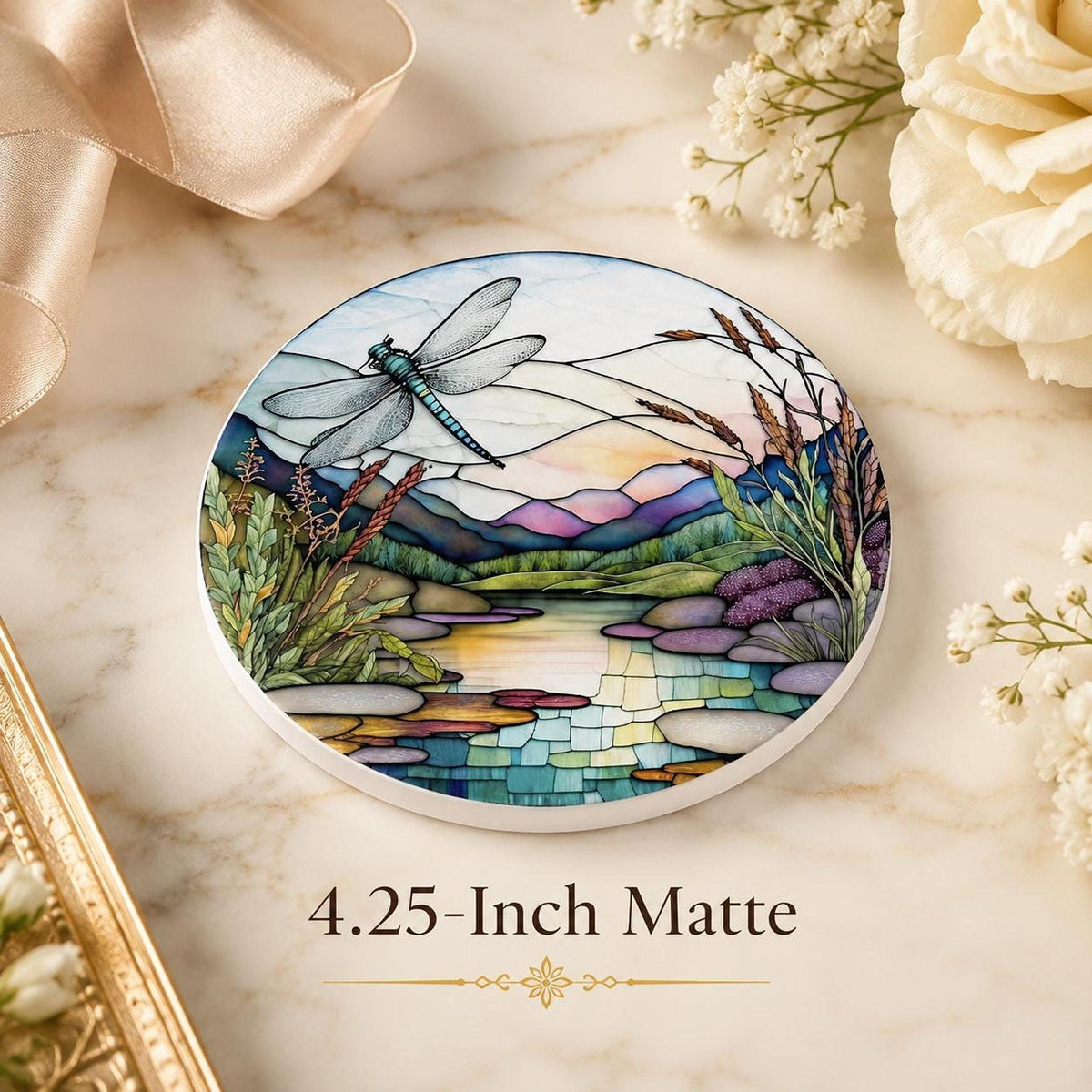 Dragonfly Coaster, Round Ceramic Botanical Lake Scene with Glossy or Matte Finish