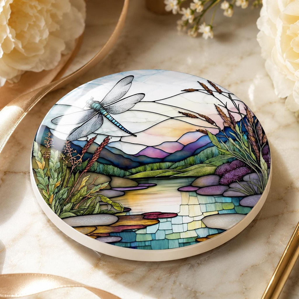 Dragonfly Coaster, Round Ceramic Botanical Lake Scene with Glossy or Matte Finish