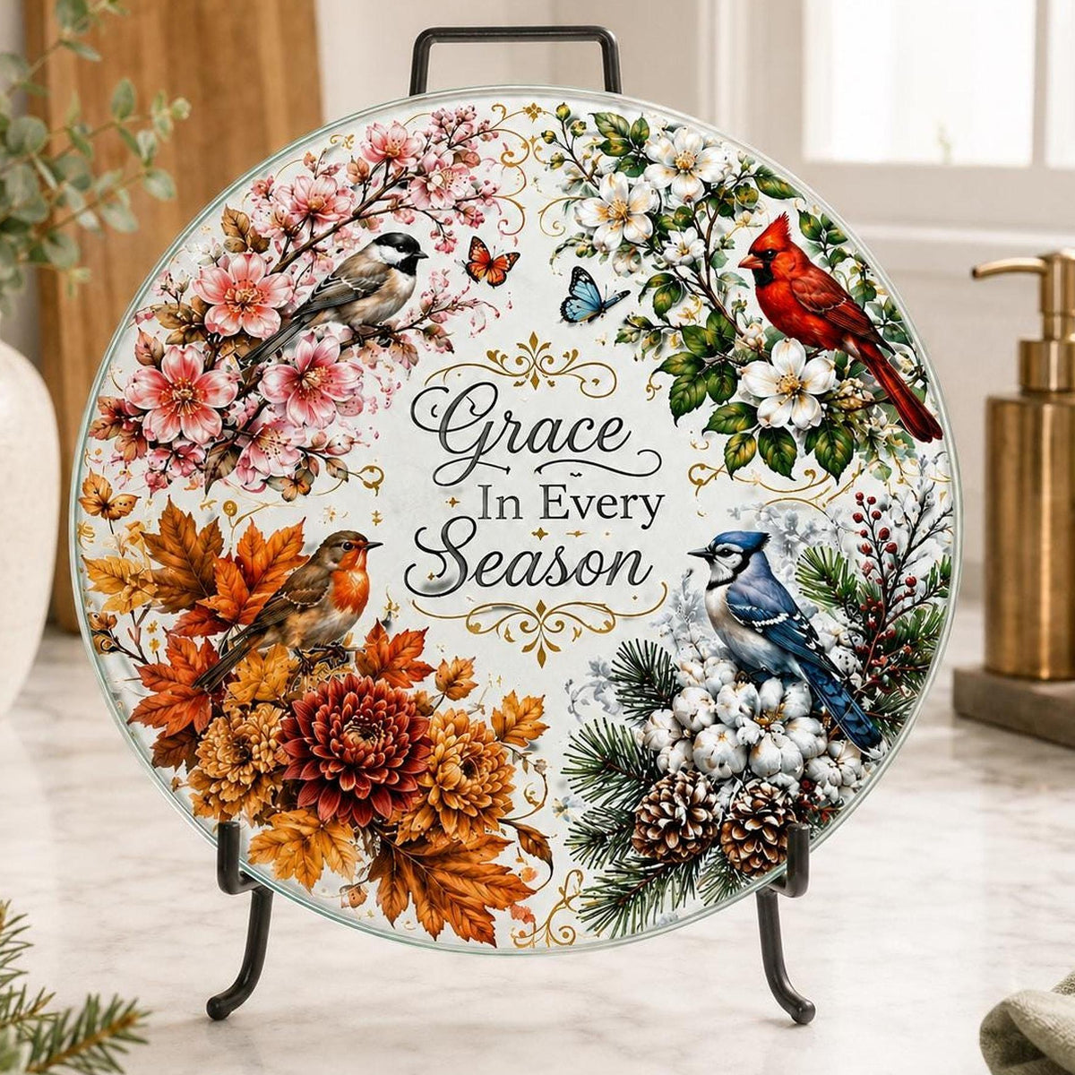 Glass Cutting Board, Round Tempered Charcuterie Serving Tray with Seasonal Design