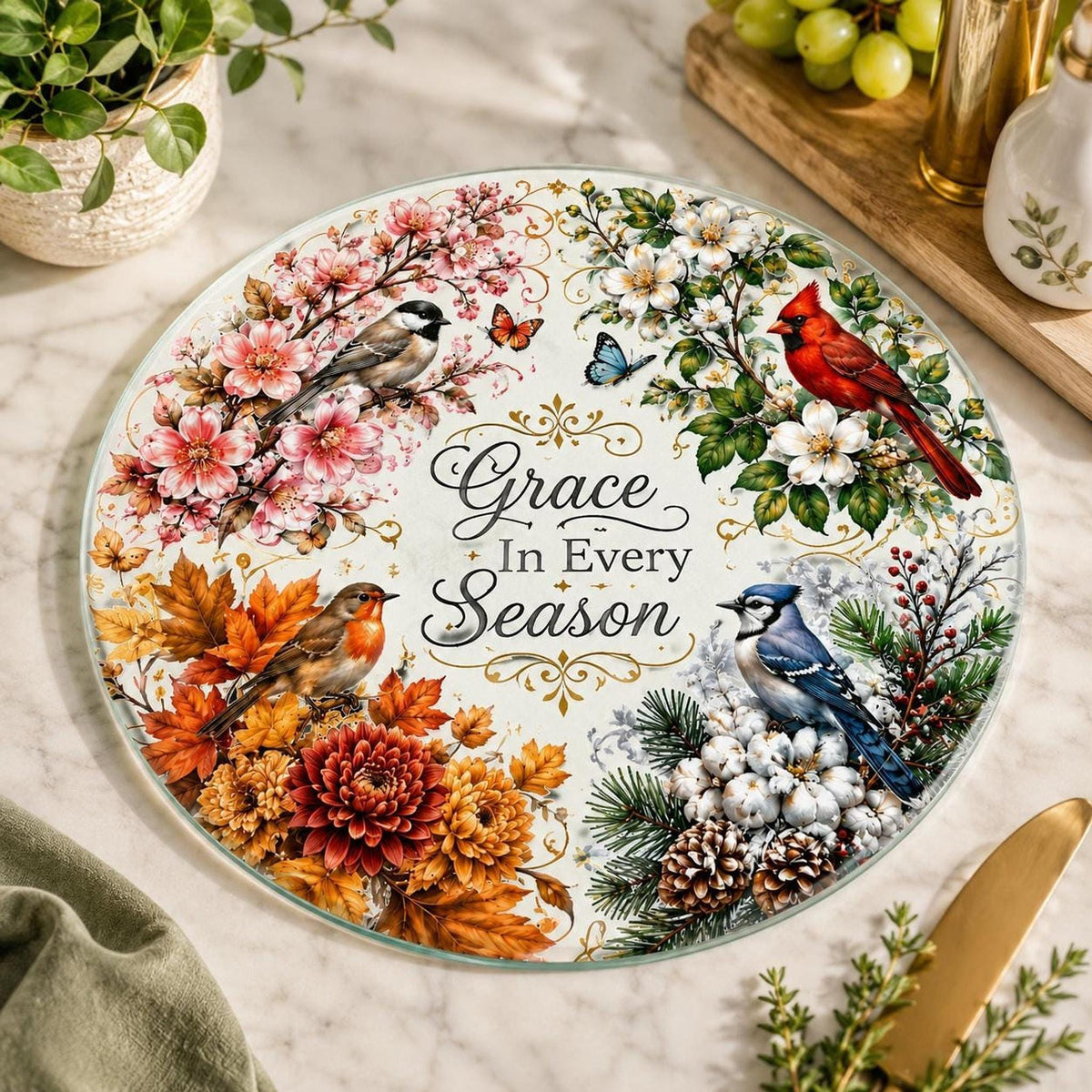 Glass Cutting Board, Round Tempered Charcuterie Serving Tray with Seasonal Design