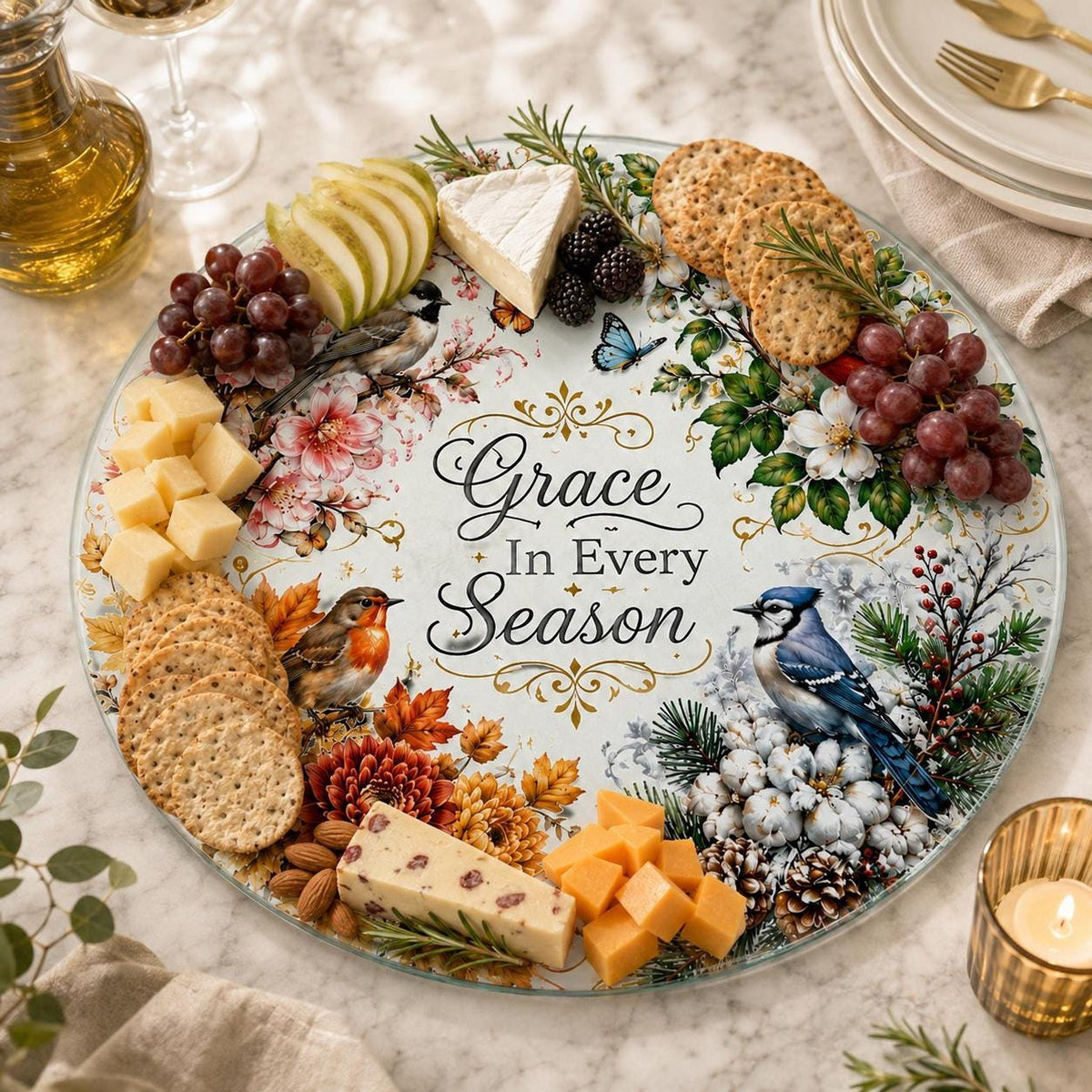 Glass Cutting Board, Round Tempered Charcuterie Serving Tray with Seasonal Design
