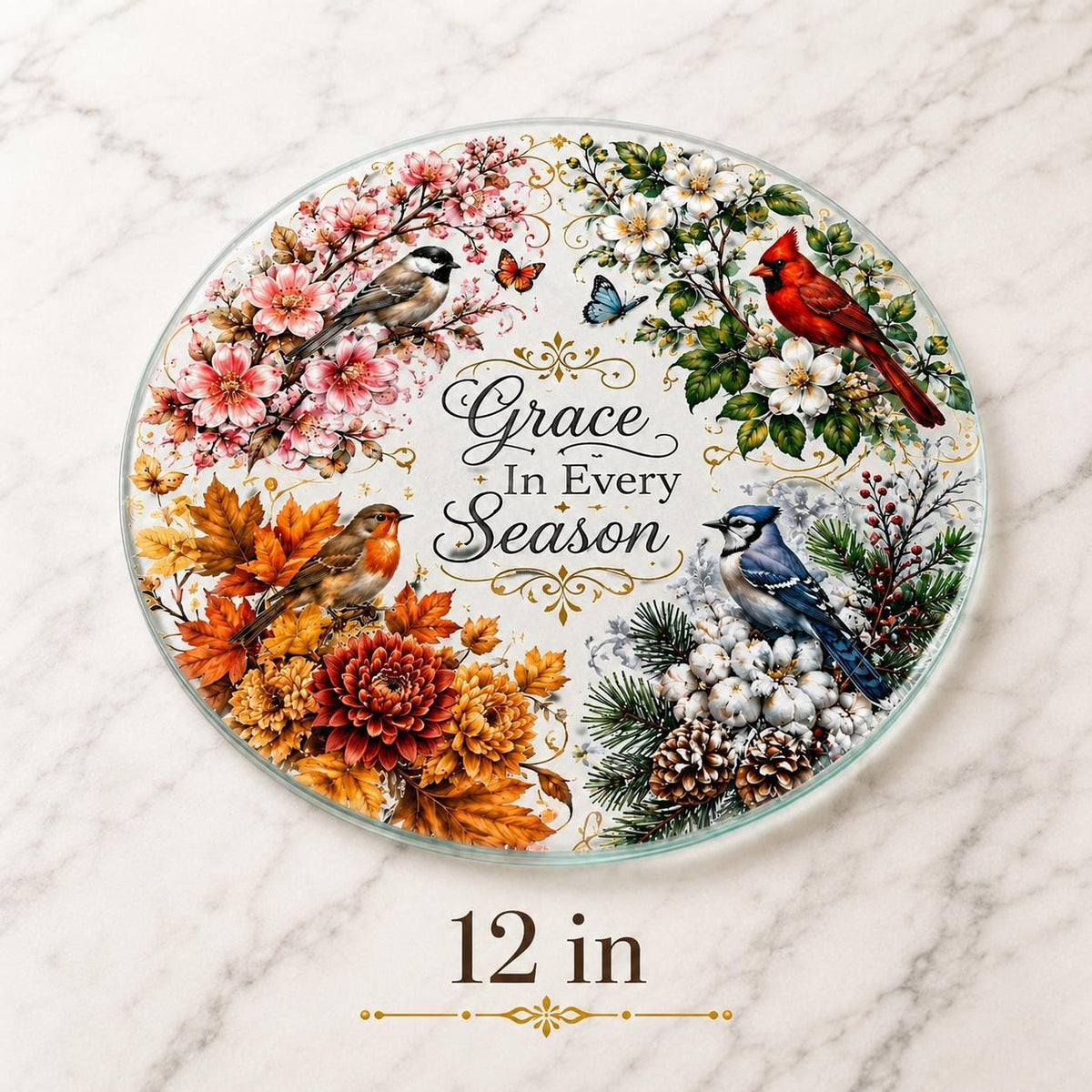 Glass Cutting Board, Round Tempered Charcuterie Serving Tray with Seasonal Design