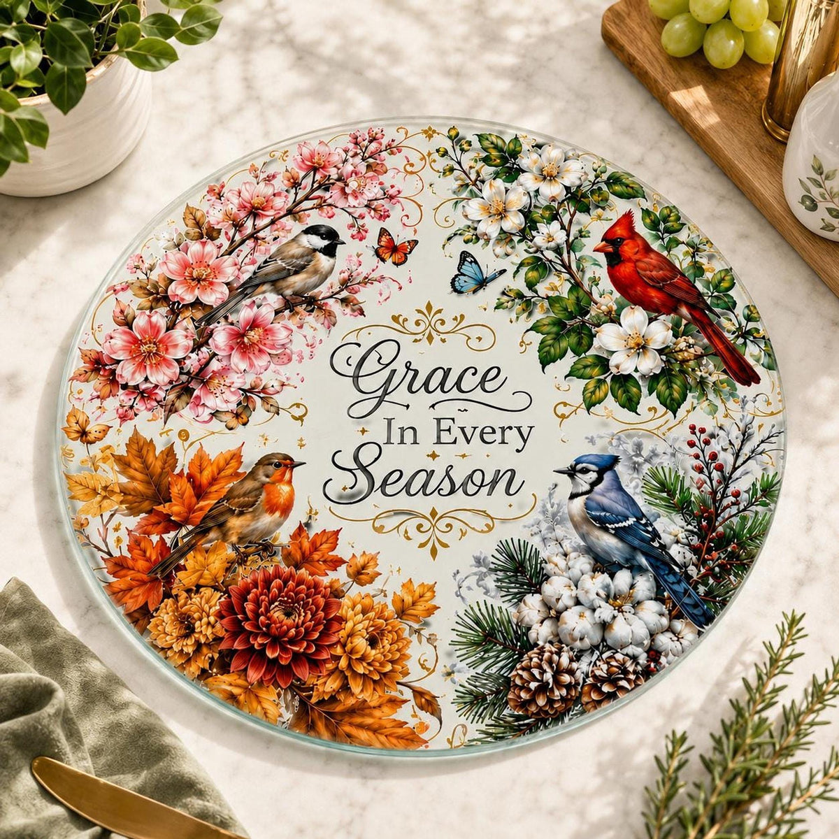 Glass Cutting Board, Round Tempered Charcuterie Serving Tray with Seasonal Design