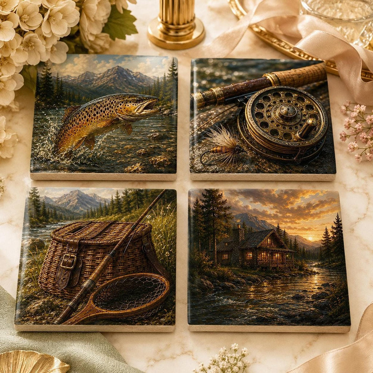 Cabin Table Decor Ceramic Coaster Set, Fly Fishing Artwork