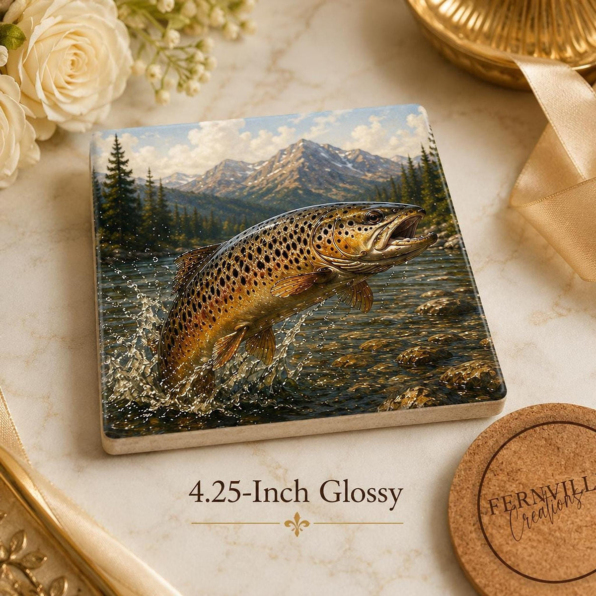 Cabin Table Decor Ceramic Coaster Set, Fly Fishing Artwork