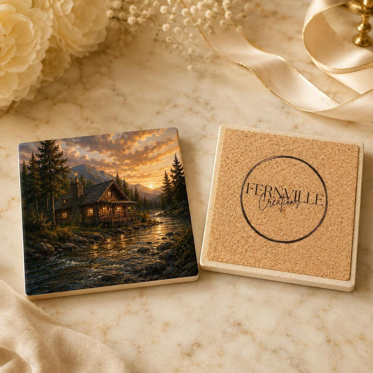 Cabin Table Decor Ceramic Coaster Set, Fly Fishing Artwork