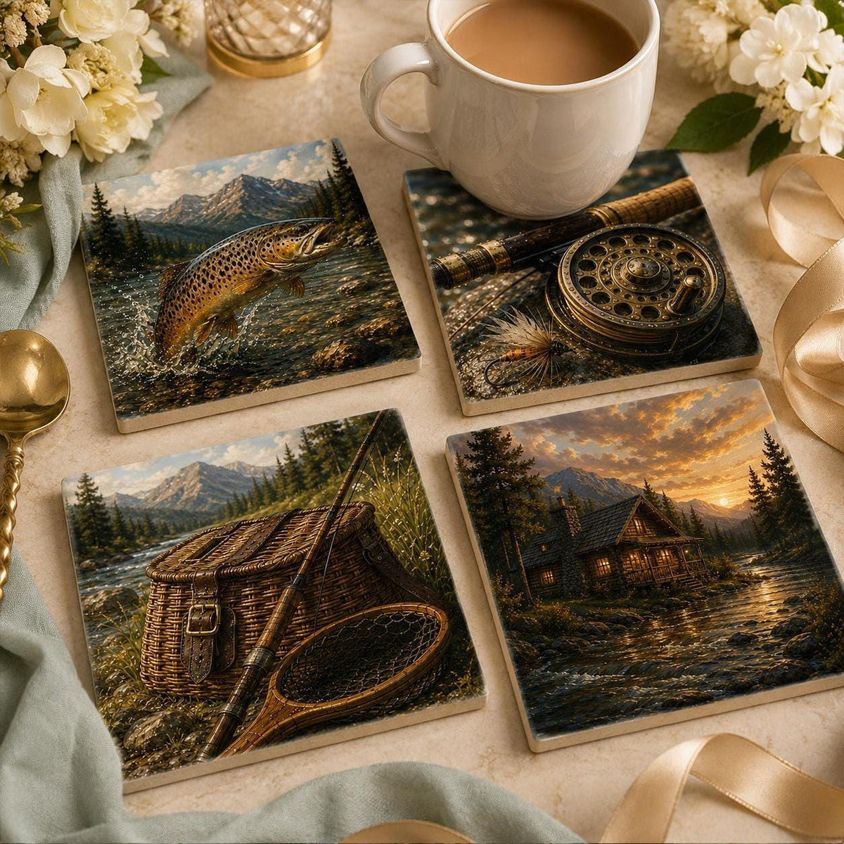 Cabin Table Decor Ceramic Coaster Set, Fly Fishing Artwork