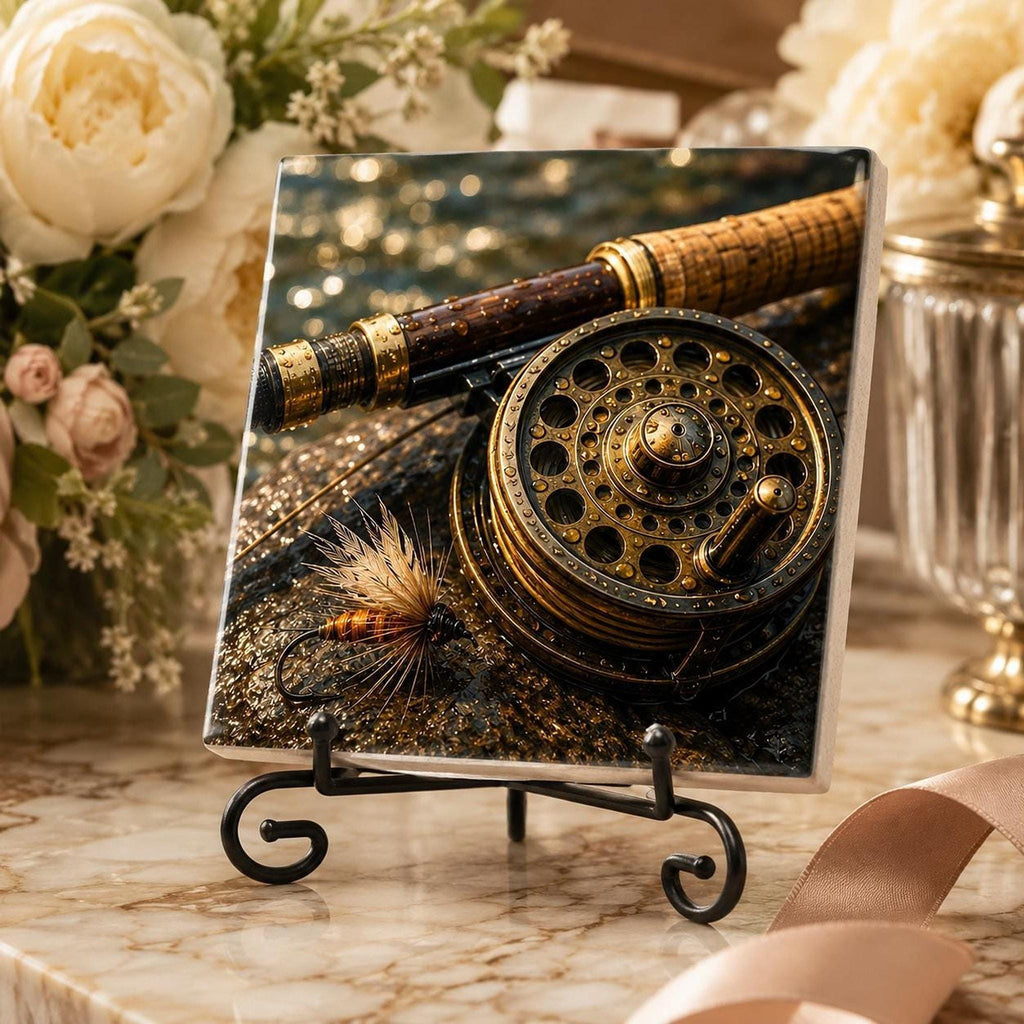 Cabin Table Decor Ceramic Coaster Set, Fly Fishing Artwork