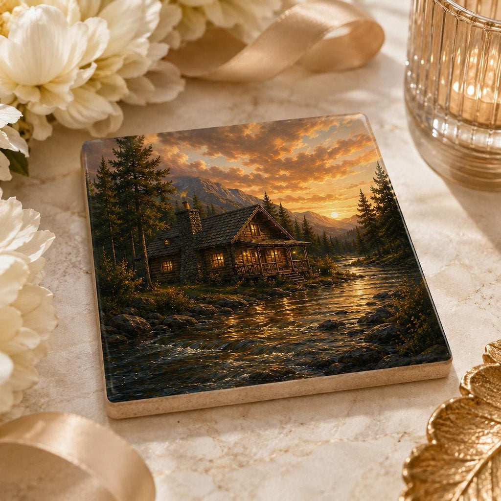 Cabin Table Decor Ceramic Coaster Set, Fly Fishing Artwork