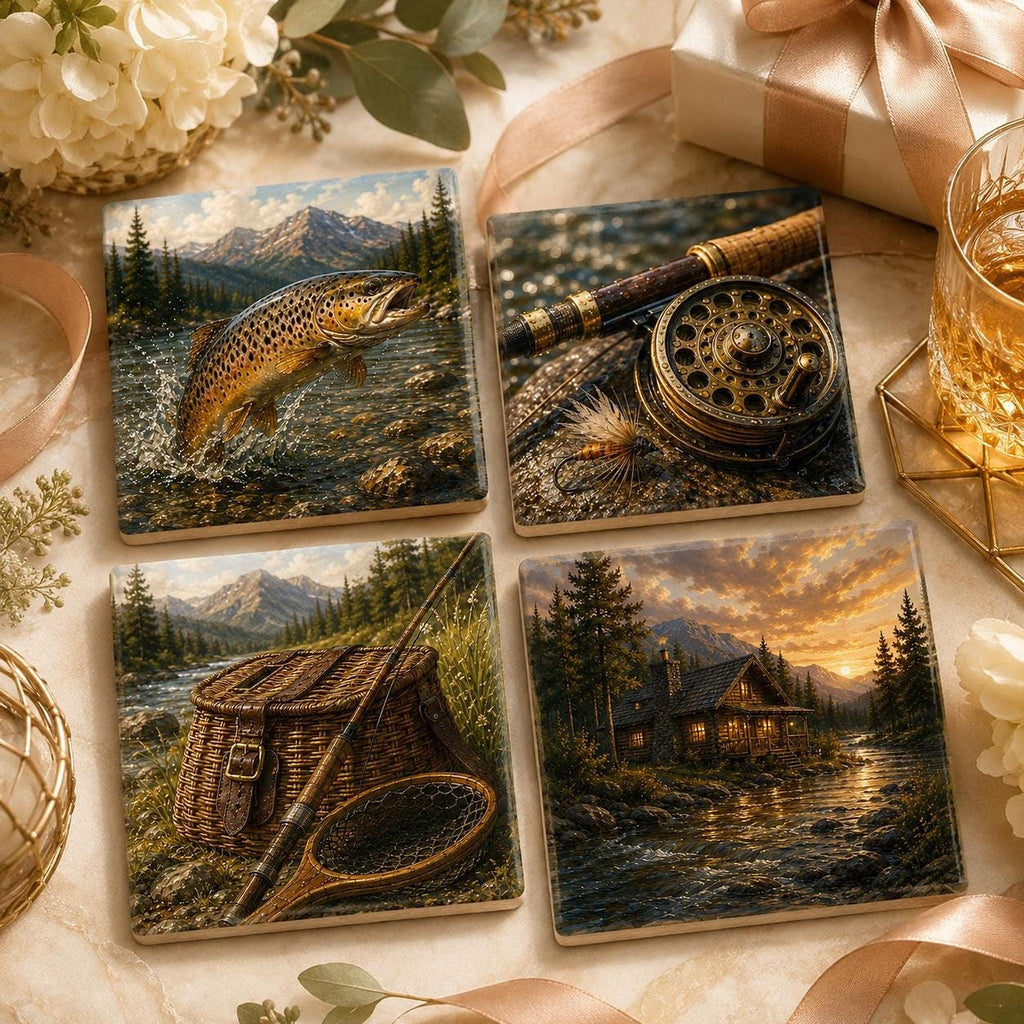 Cabin Table Decor Ceramic Coaster Set, Fly Fishing Artwork