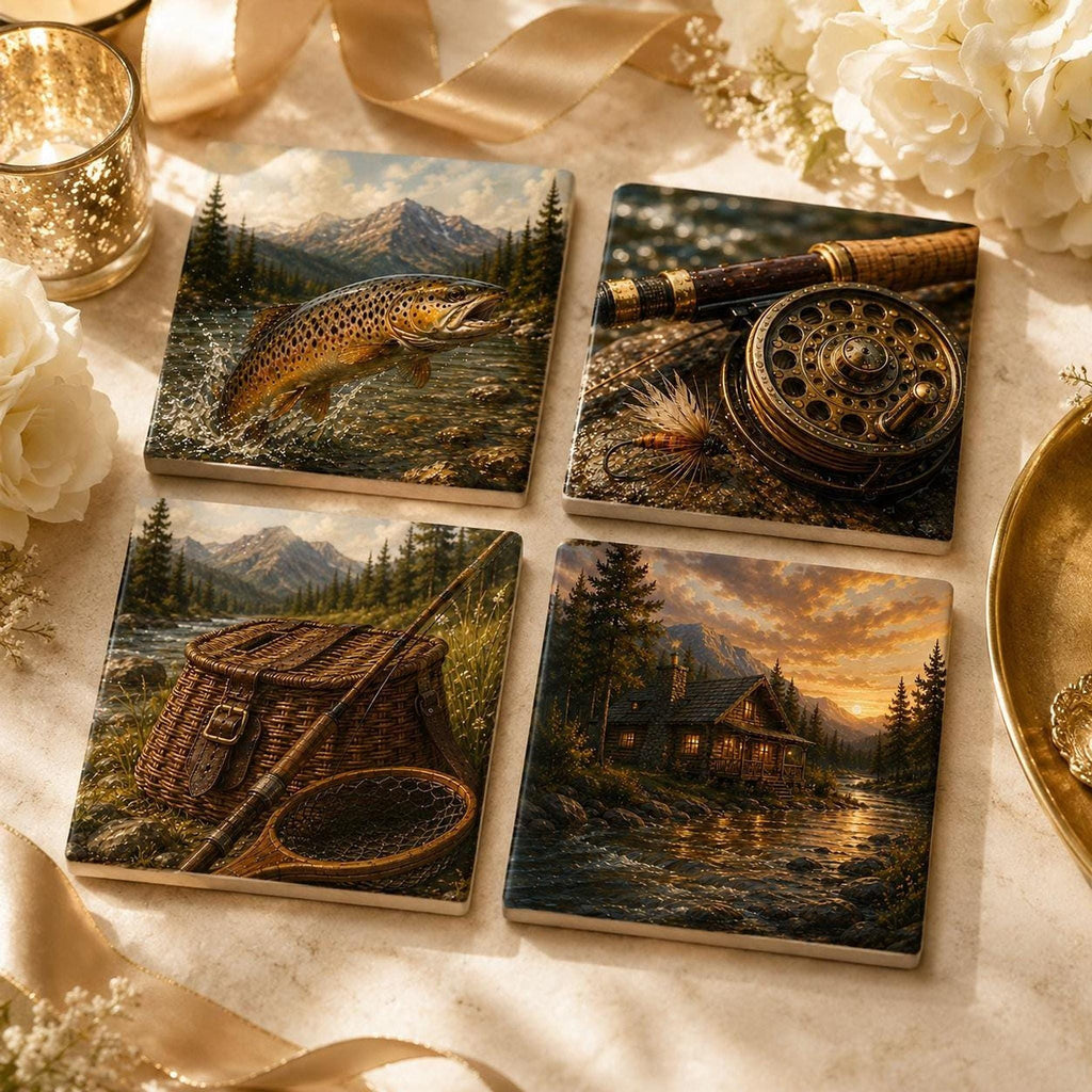 Cabin Table Decor Ceramic Coaster Set, Fly Fishing Artwork