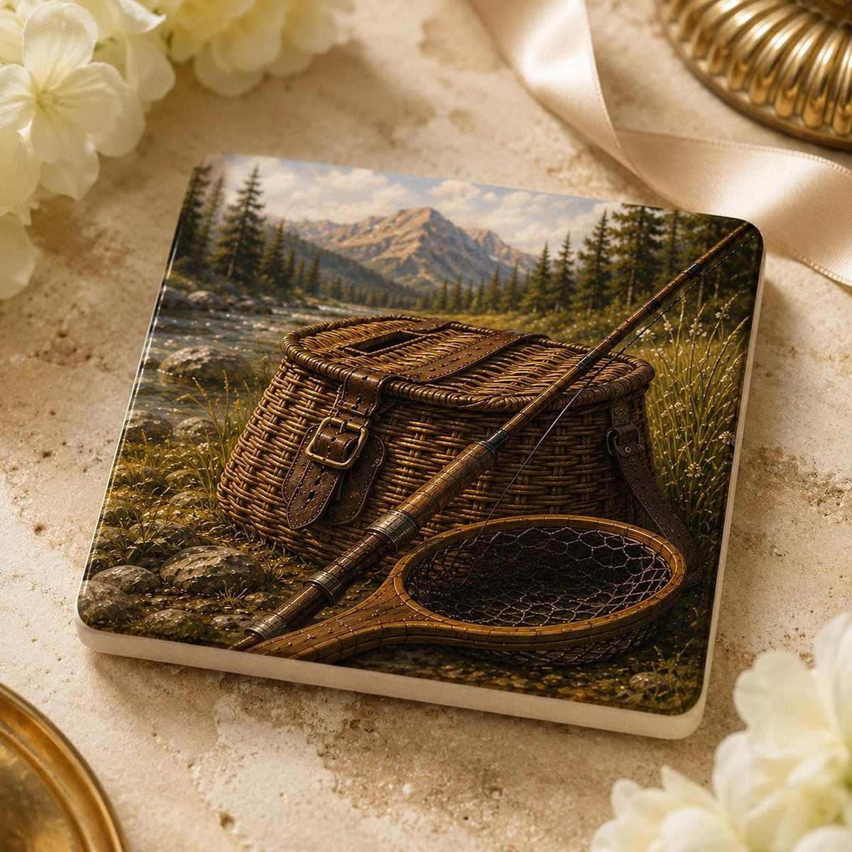 Cabin Table Decor Ceramic Coaster Set, Fly Fishing Artwork