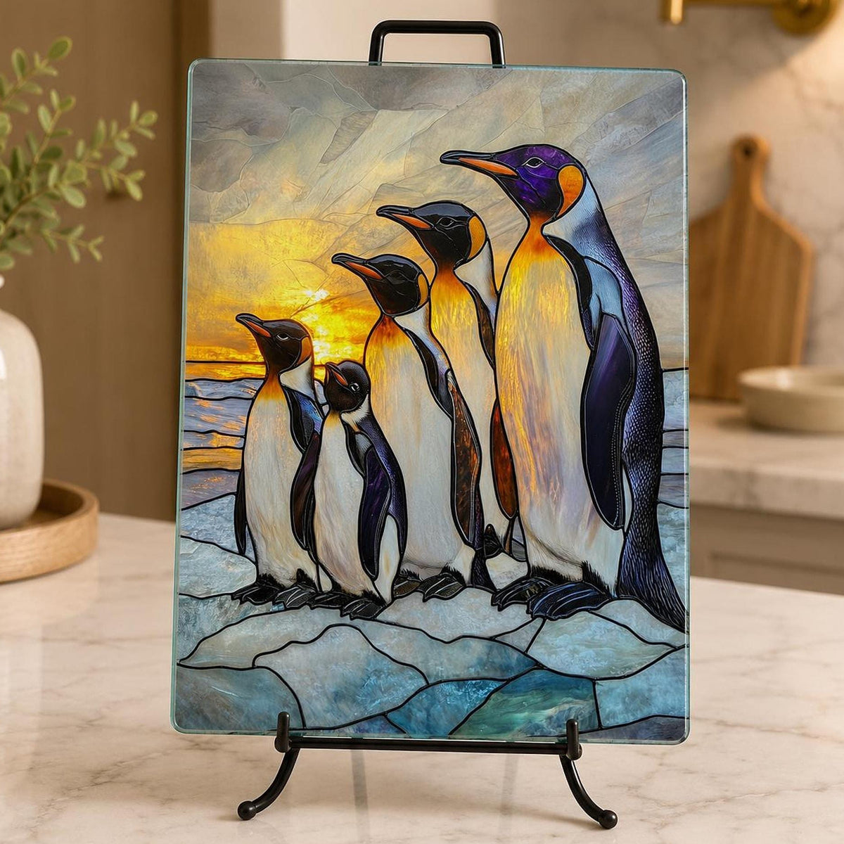 Tempered Glass Board, Penguin Family Design, 8x11 or 11x15 Inches