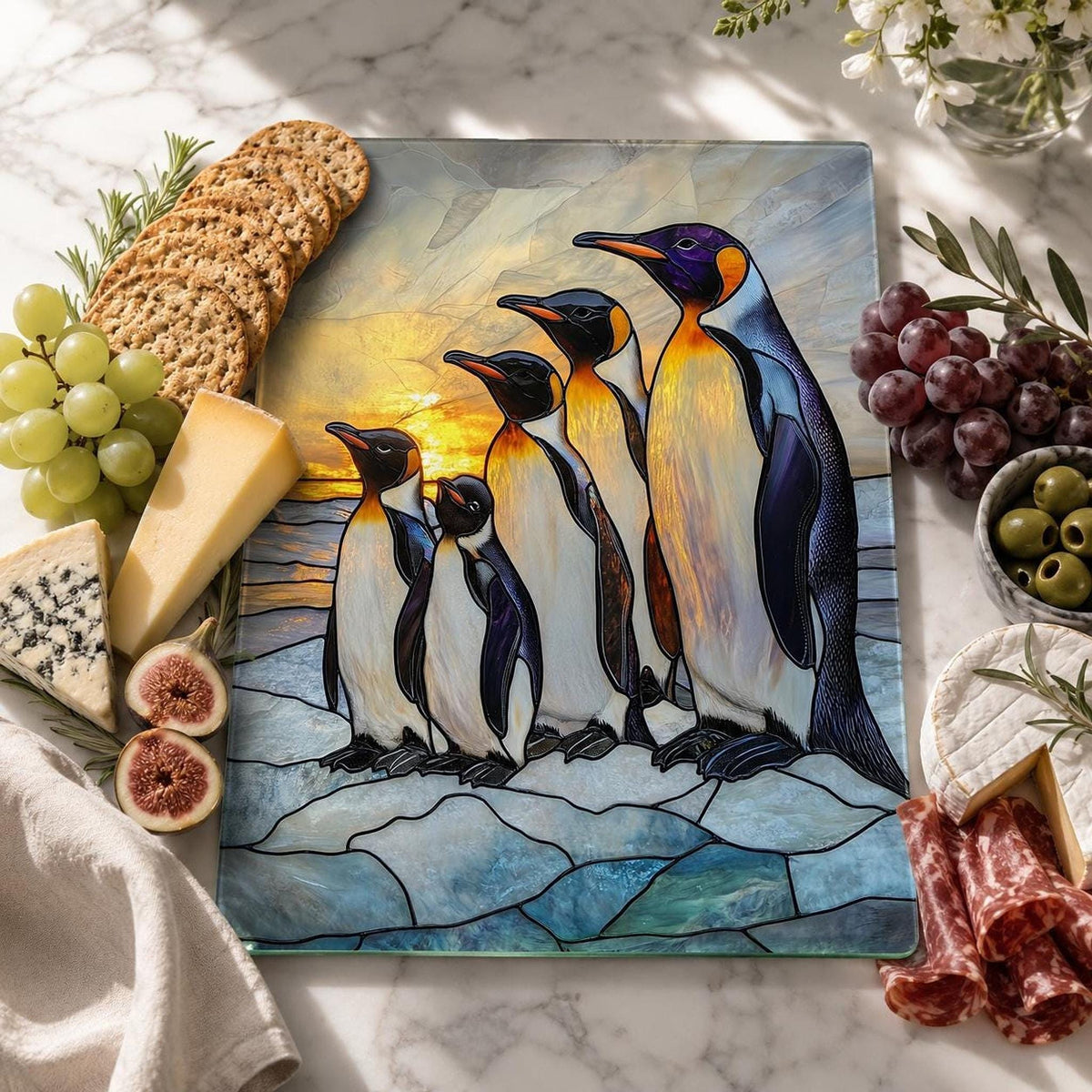 Tempered Glass Board, Penguin Family Design, 8x11 or 11x15 Inches
