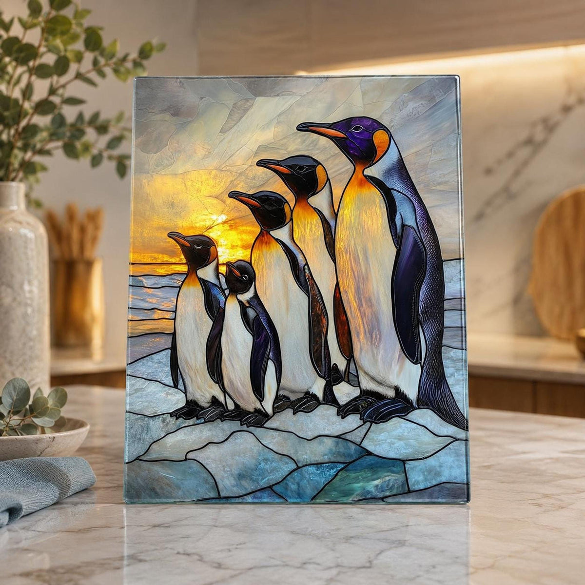 Tempered Glass Board, Penguin Family Design, 8x11 or 11x15 Inches