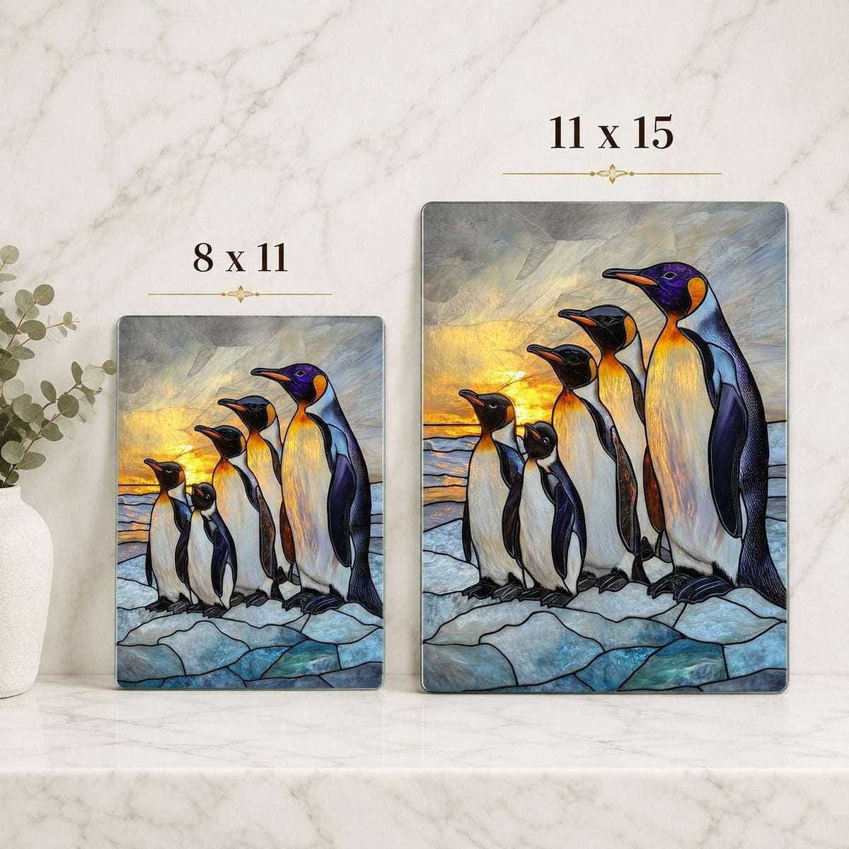 Tempered Glass Board, Penguin Family Design, 8x11 or 11x15 Inches