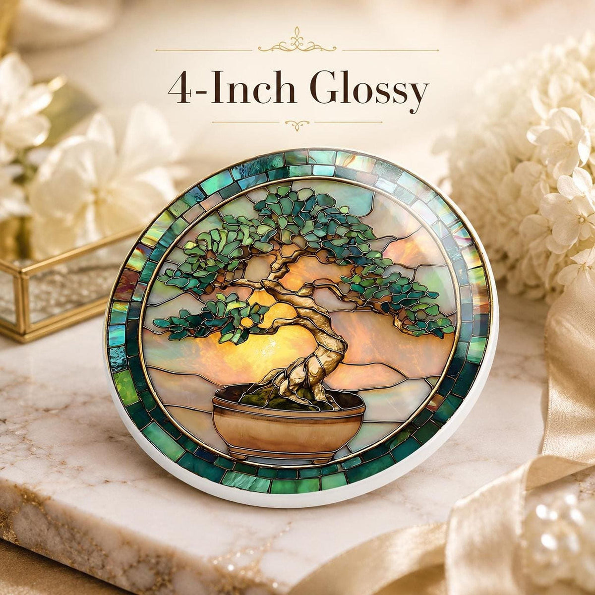 Bonsai Coaster, Ceramic Stained Glass Tree Art with Glossy or Matte Finish