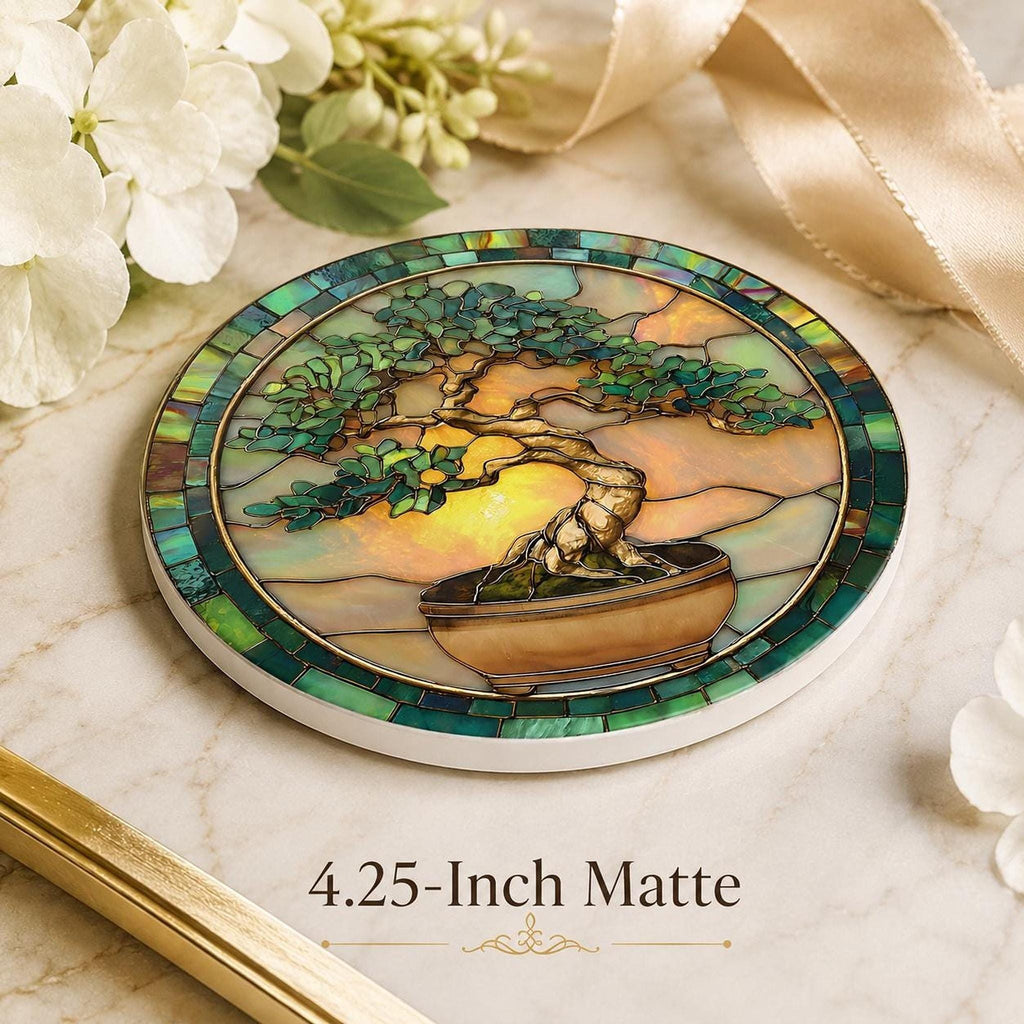 Bonsai Coaster, Ceramic Stained Glass Tree Art with Glossy or Matte Finish