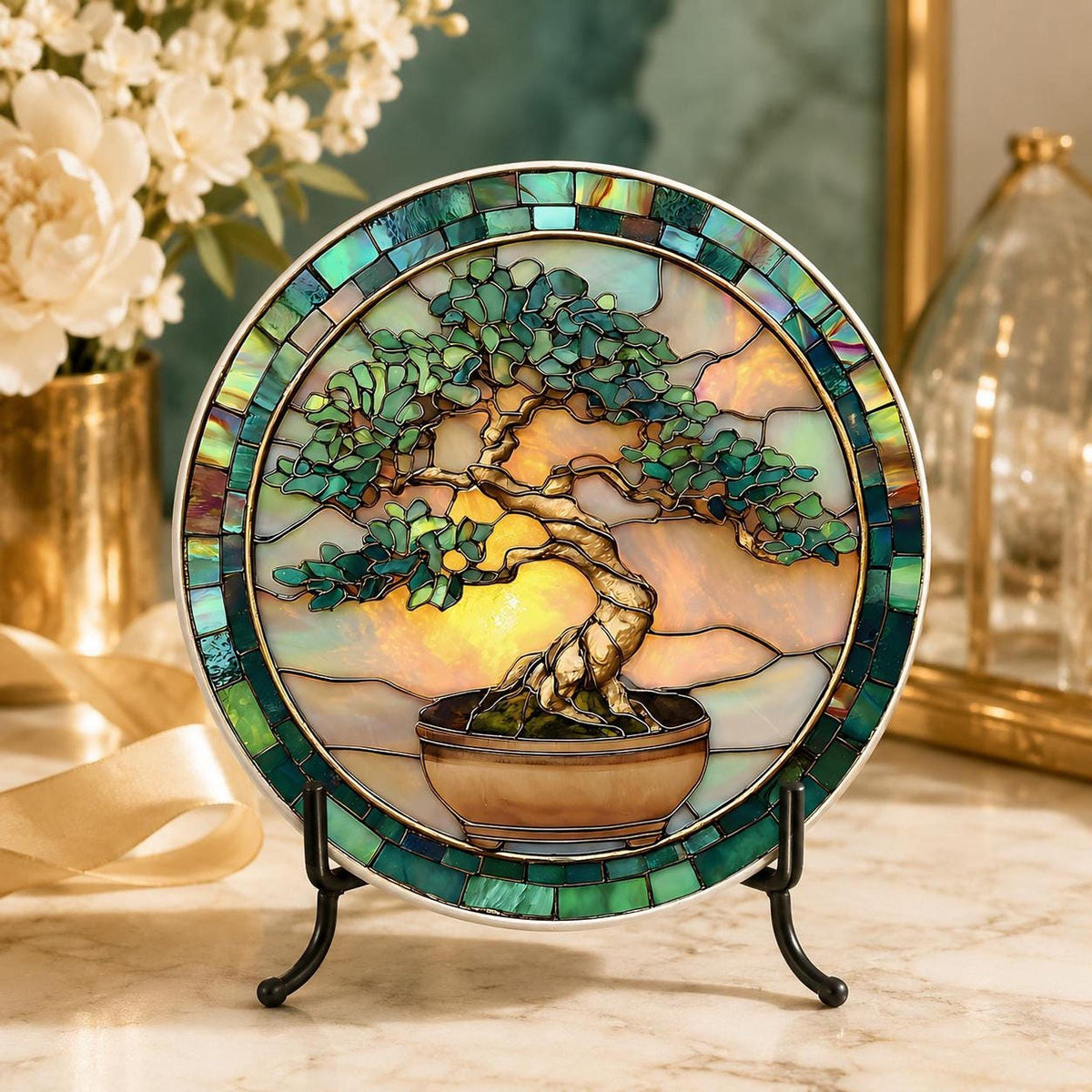 Bonsai Coaster, Ceramic Stained Glass Tree Art with Glossy or Matte Finish