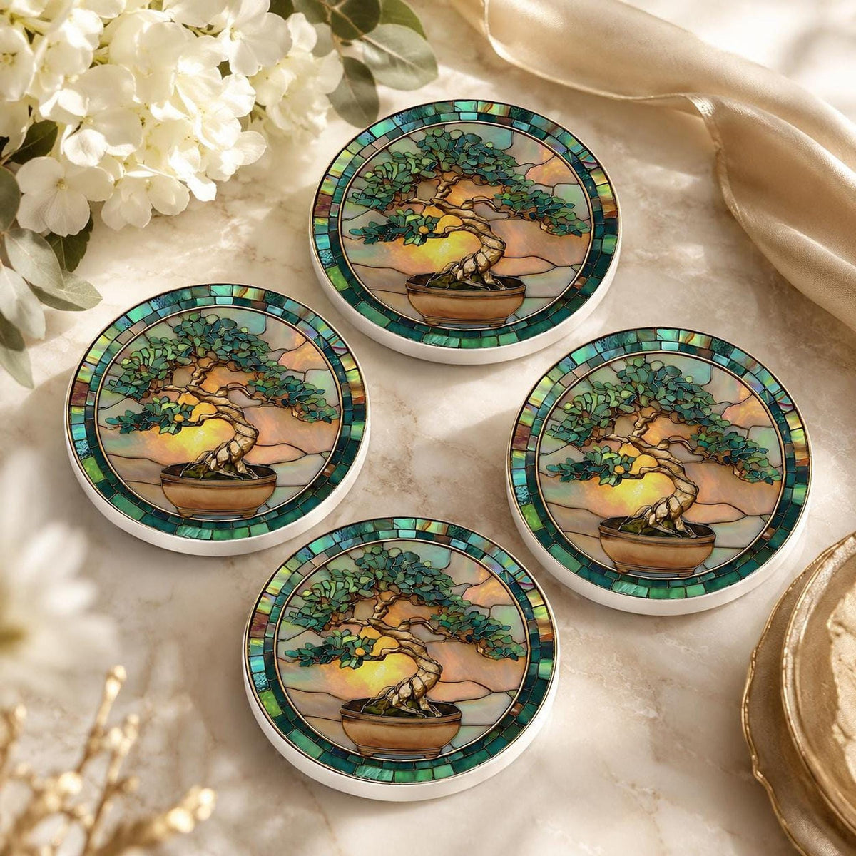 Bonsai Coaster, Ceramic Stained Glass Tree Art with Glossy or Matte Finish