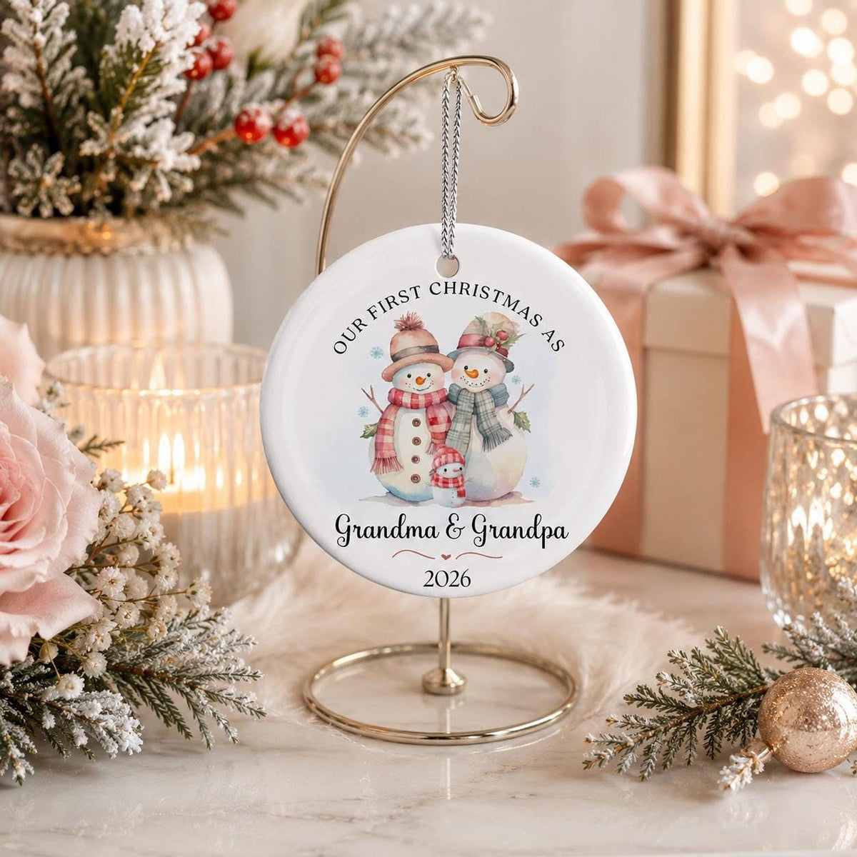 Grandma Ornament, Ceramic Snowman Keepsake for Our First Christmas with Personalized Back