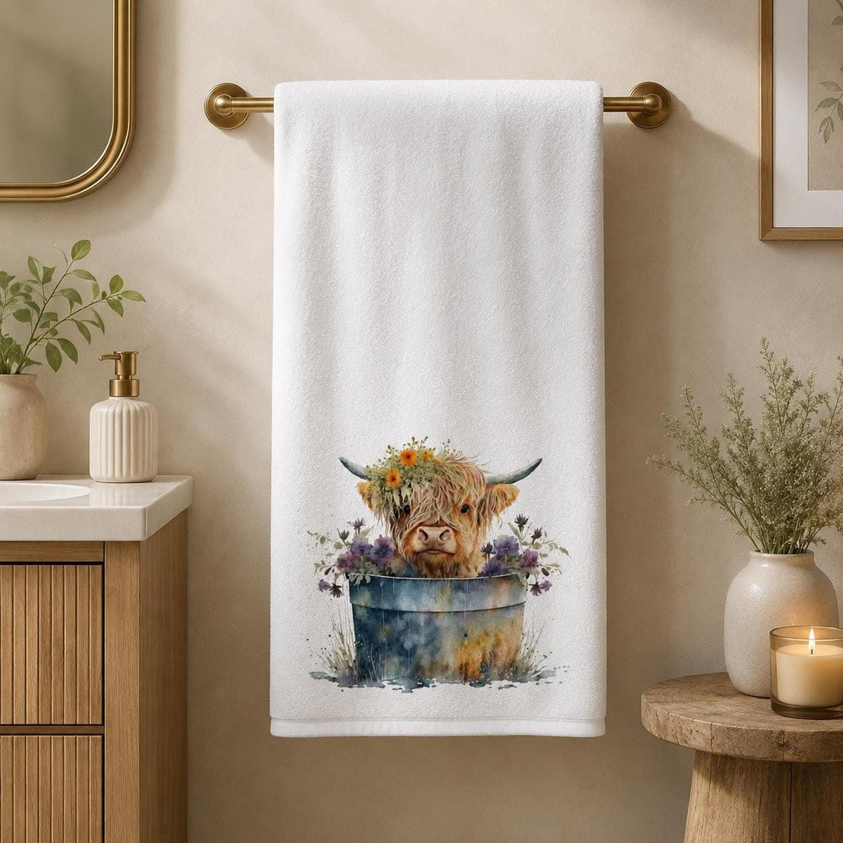 Highland Cow Towel, 24 × 42 Inch White Sheared Polyester Front, Farmhouse Decor
