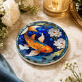 Desk Coaster Decor Featuring Round Ceramic Koi Fish And Lotus Pond Art