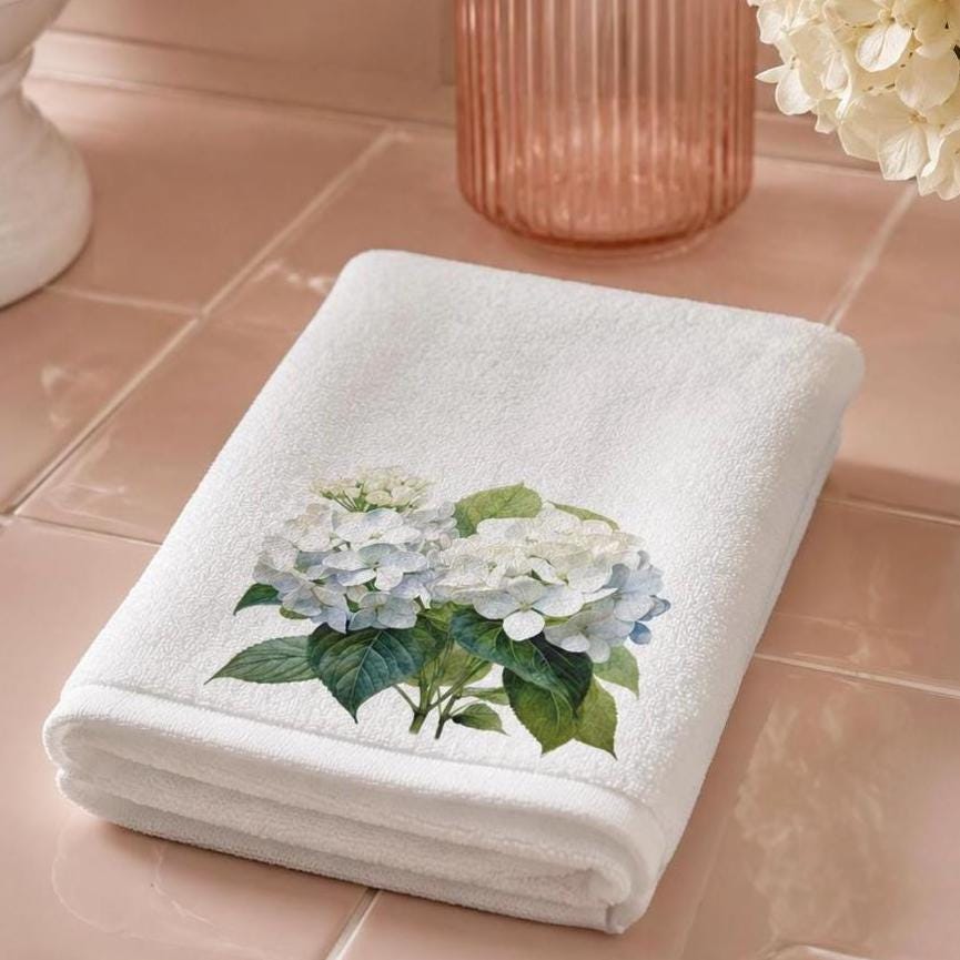 Hydrangea Fingertip Towel, White Floral Guest Bath Decor, Powder Room Accent