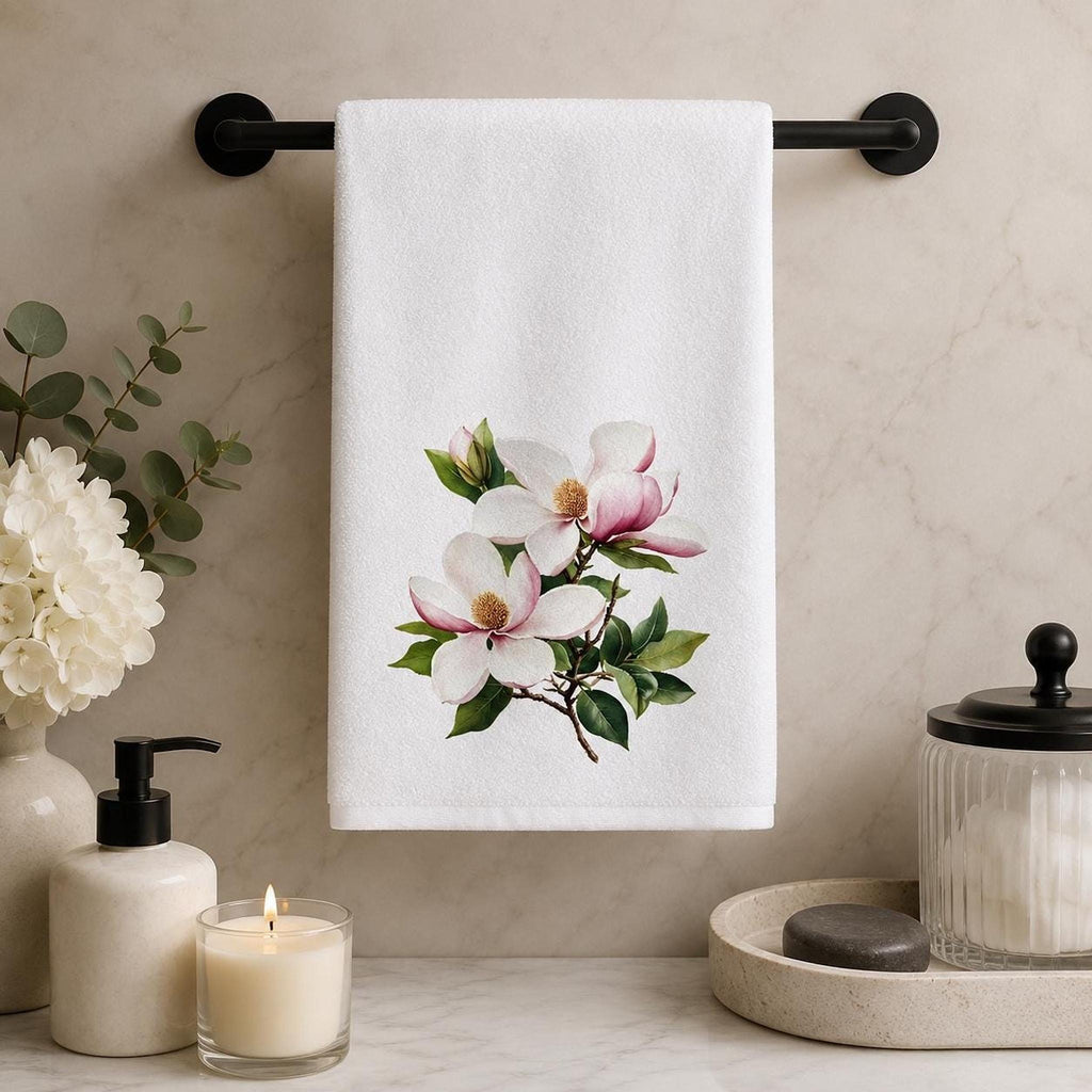 Magnolia Towel, 15 × 25 Inch Floral Bath Accent, Cotton Terry Back