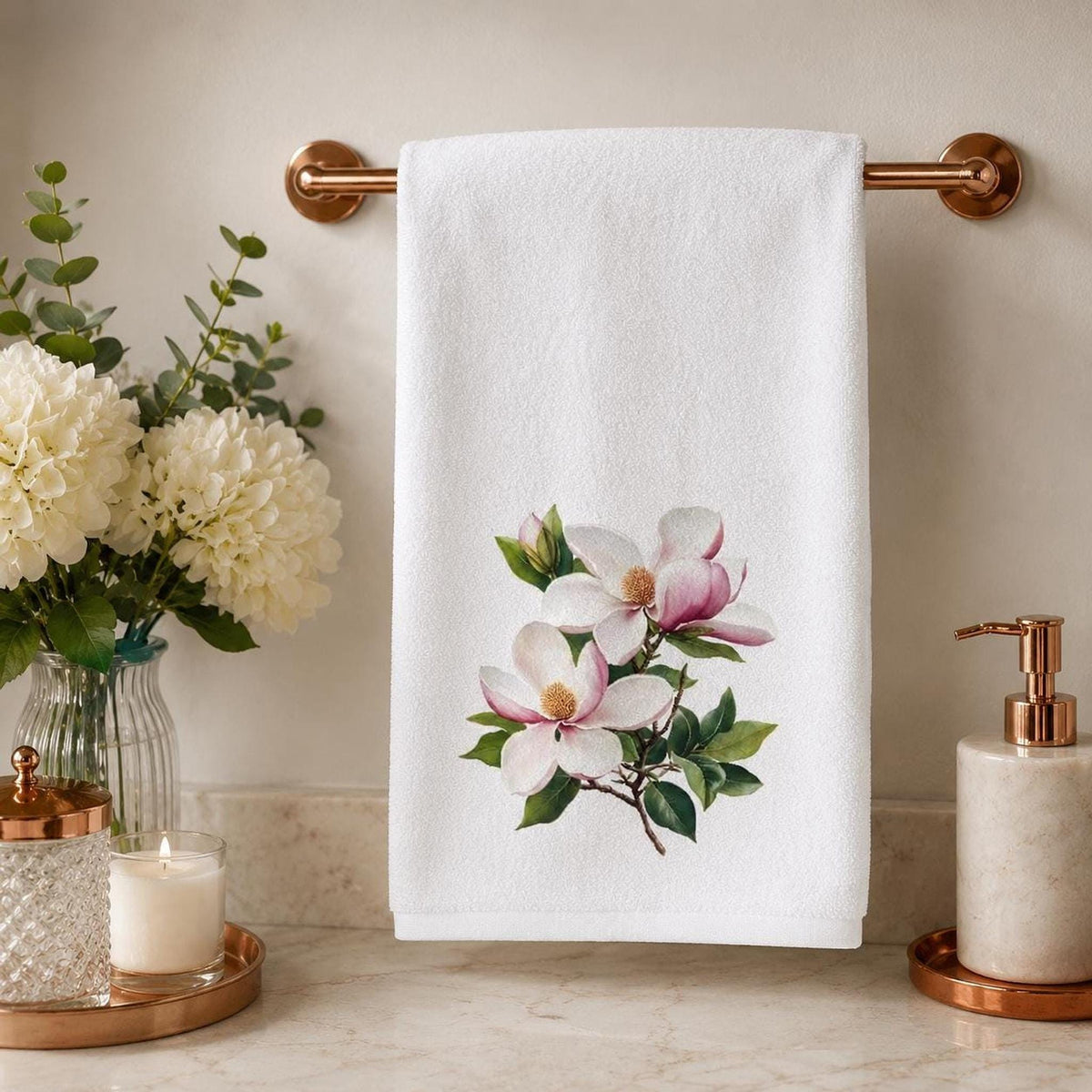 Magnolia Towel, 15 × 25 Inch Floral Bath Accent, Cotton Terry Back