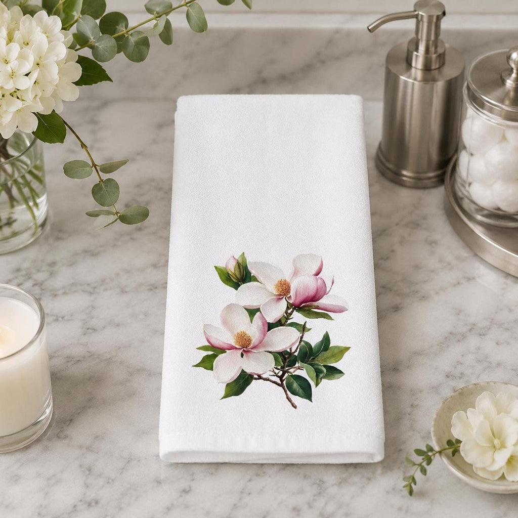 Magnolia Towel, 15 × 25 Inch Floral Bath Accent, Cotton Terry Back