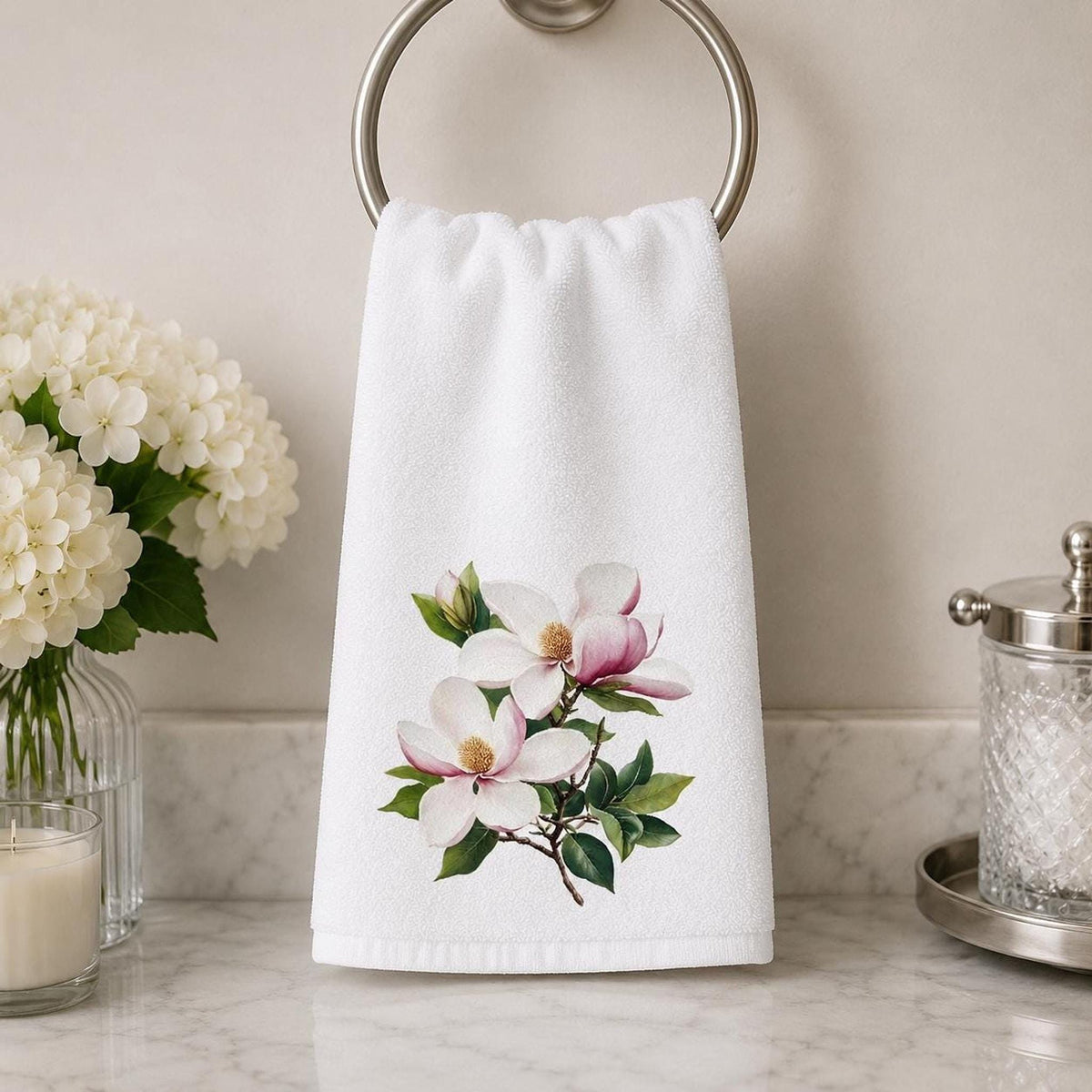Magnolia Towel, 15 × 25 Inch Floral Bath Accent, Cotton Terry Back