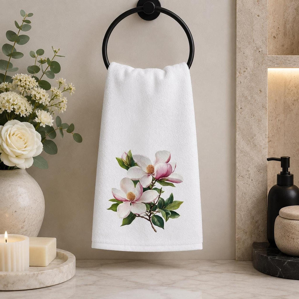 Magnolia Towel, 15 × 25 Inch Floral Bath Accent, Cotton Terry Back
