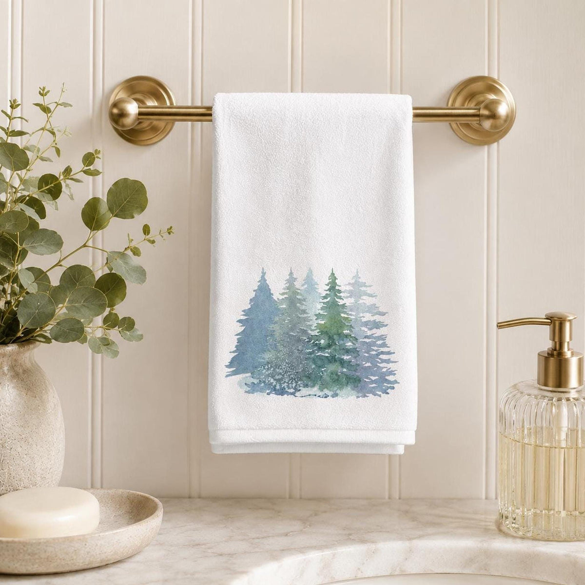 Evergreen Fingertip Towel, Watercolor Pine Forest Decor, Winter Guest Bath Accent, Nature Lover Gift