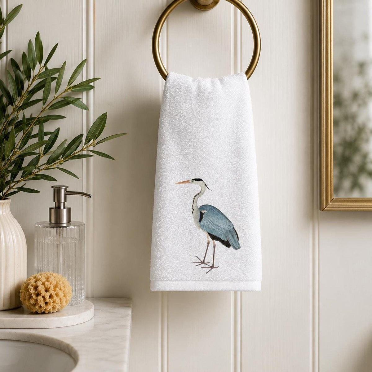 Fingertip Towel, White Blue Heron Print, 11 x 18 Inch Cotton Terrycloth Back