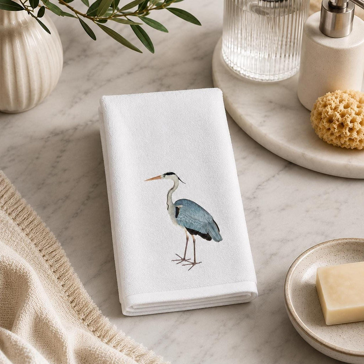 Fingertip Towel, White Blue Heron Print, 11 x 18 Inch Cotton Terrycloth Back