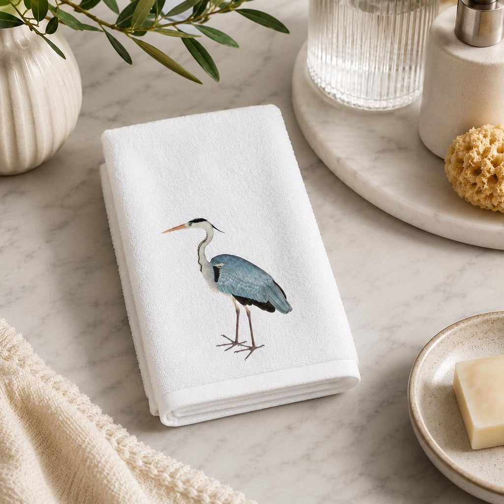 Fingertip Towel, White Blue Heron Print, 11 x 18 Inch Cotton Terrycloth Back