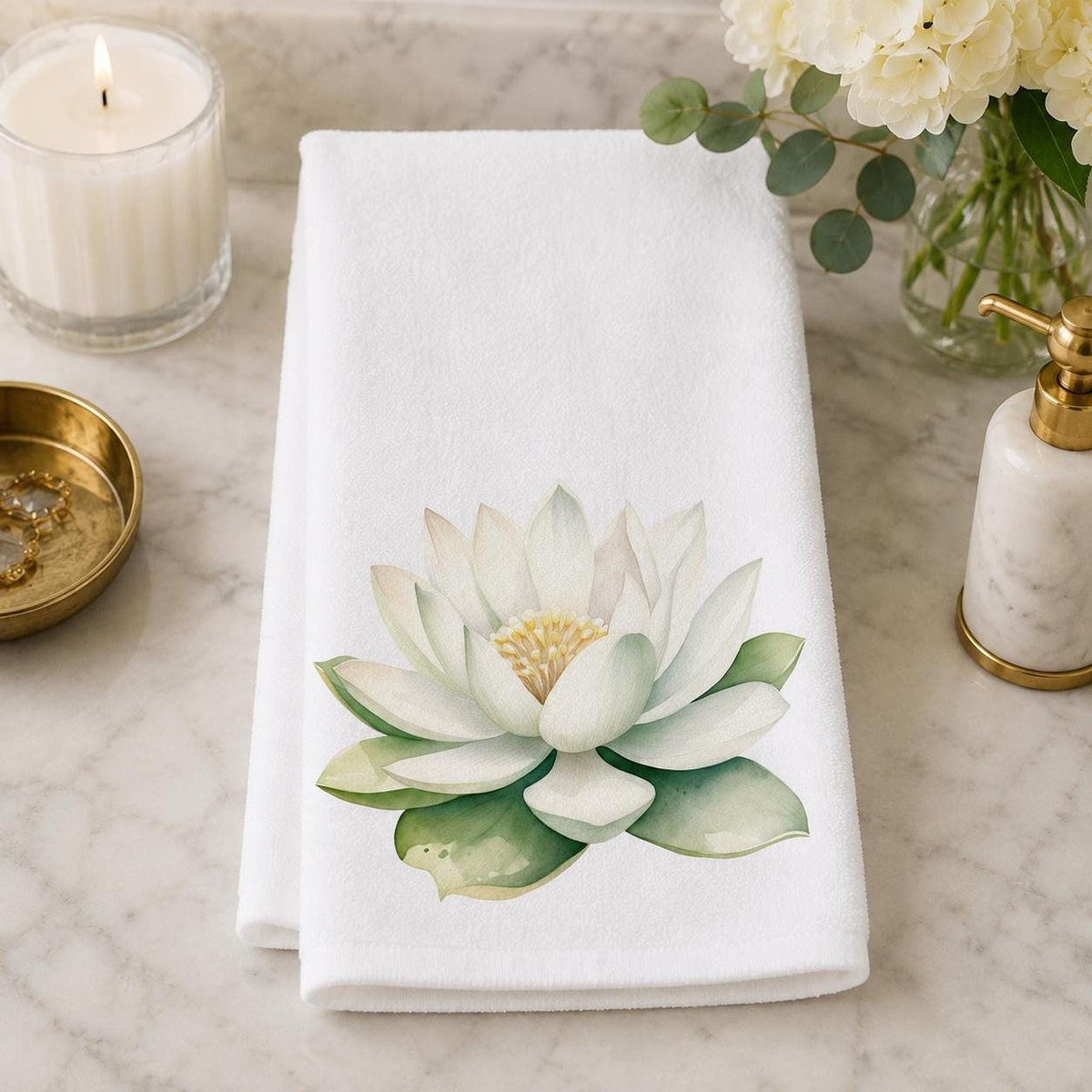 Spa Hand Towel, White Lotus Floral Print, 15 × 25-Inch Cotton Terry Back