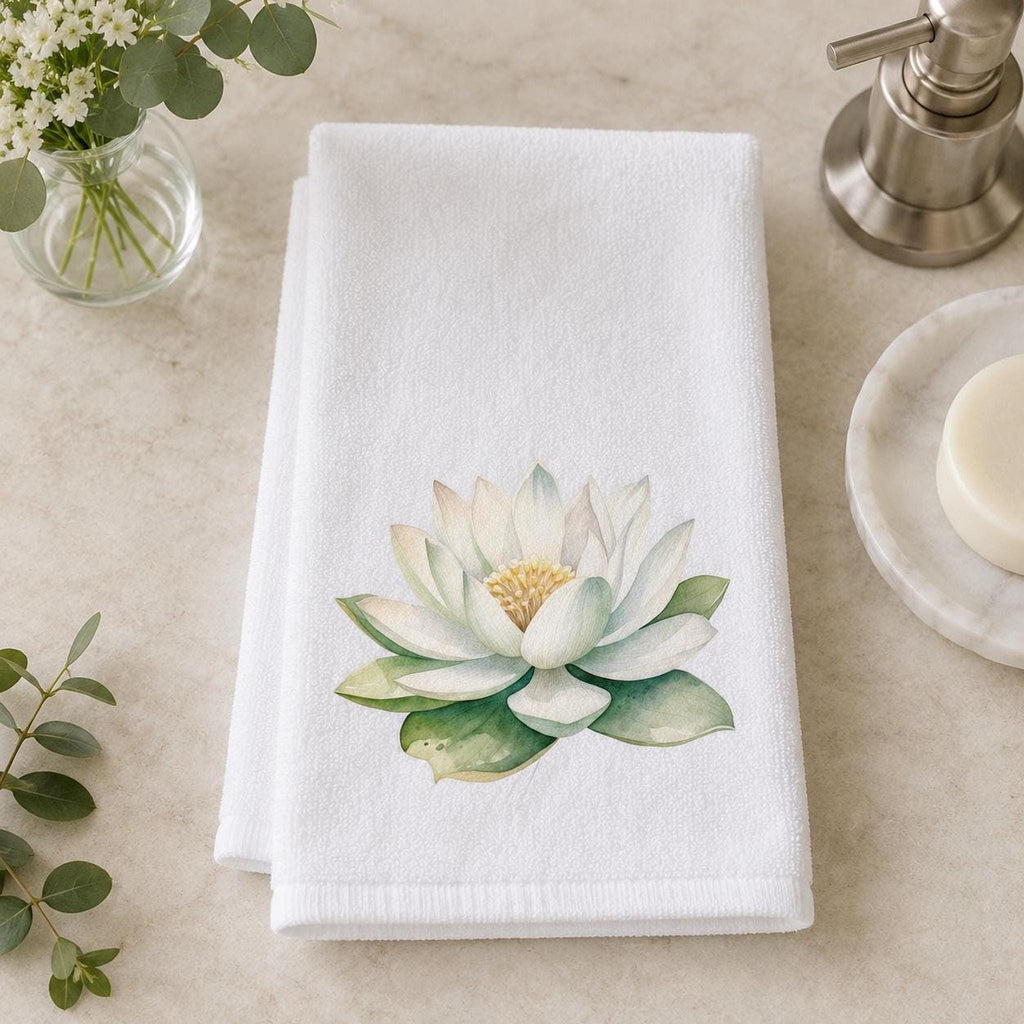 Spa Hand Towel, White Lotus Floral Print, 15 × 25-Inch Cotton Terry Back