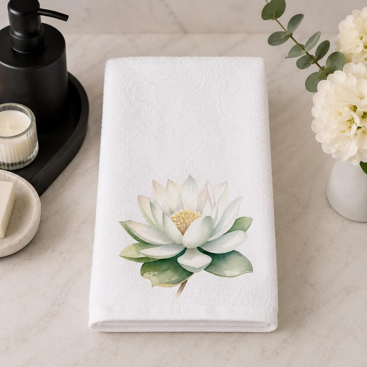 Spa Hand Towel, White Lotus Floral Print, 15 × 25-Inch Cotton Terry Back