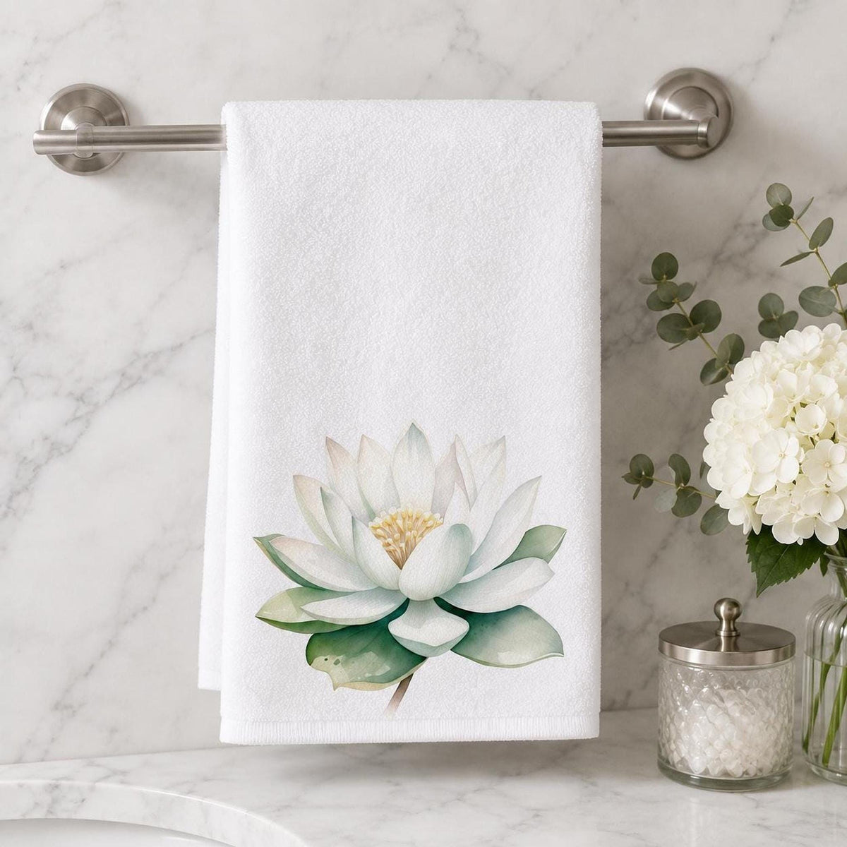 Spa Hand Towel, White Lotus Floral Print, 15 × 25-Inch Cotton Terry Back