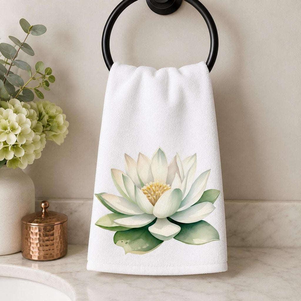 Spa Hand Towel, White Lotus Floral Print, 15 × 25-Inch Cotton Terry Back