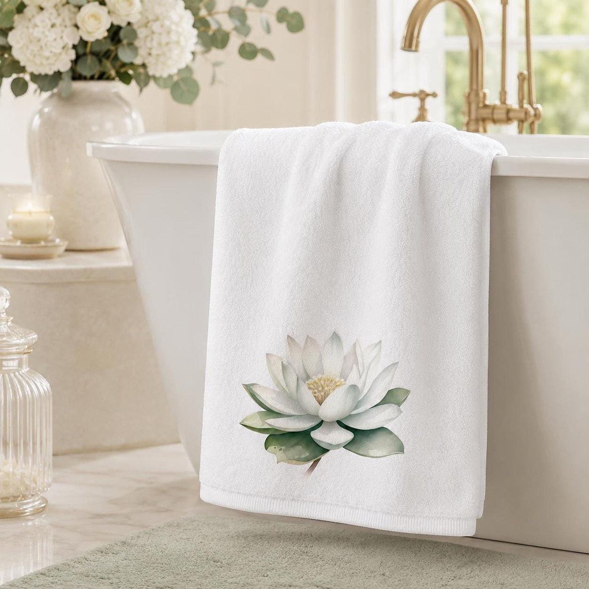 White Lotus Bath Towel, Botanical Bathroom Decor, Spa-Inspired Floral Accent, Nature Lover Gift